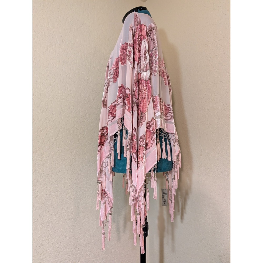 Cache Pink Floral Devore Burnout Velvet Poncho Beaded Tassel Fringe Silk OS NWT - Picture 3 of 7